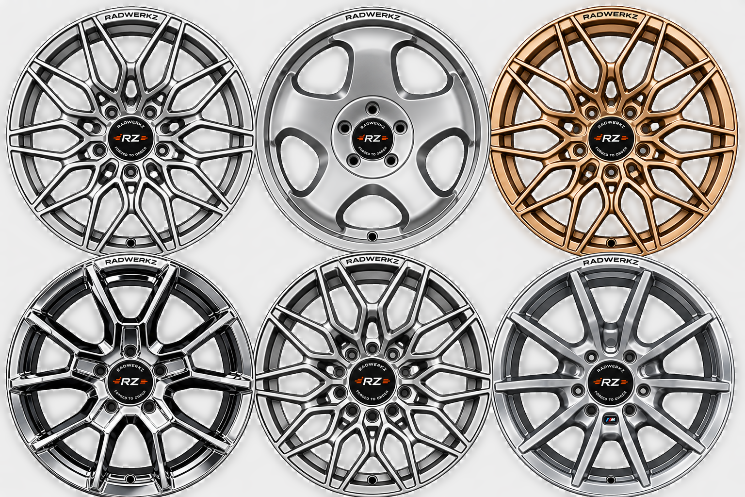 Six OEM+ style forged monoblock wheels